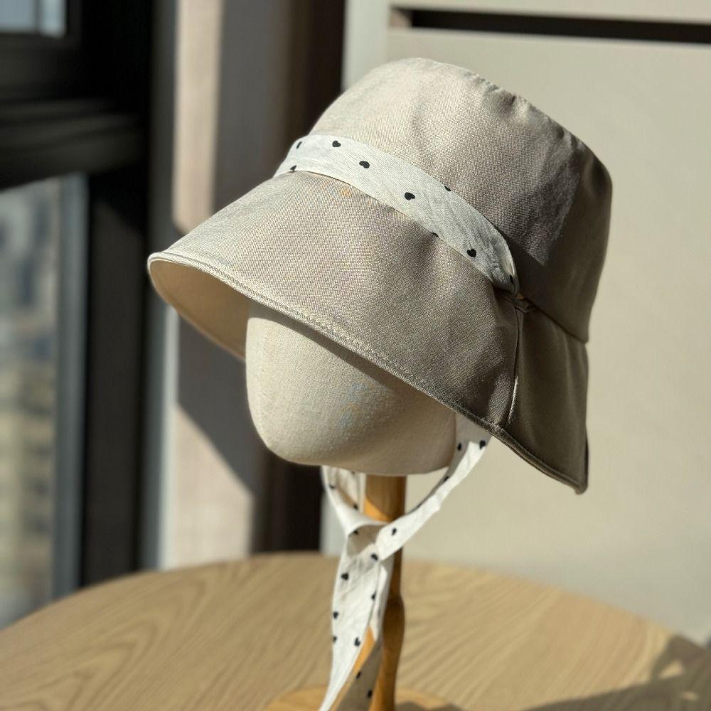 Fashion Polka Dot Ribbon Women Fisherman Hat Solid Color Lace Summer Sun Hat Wide Brim Sun Protection Sunscreen Visor Cap Ladies