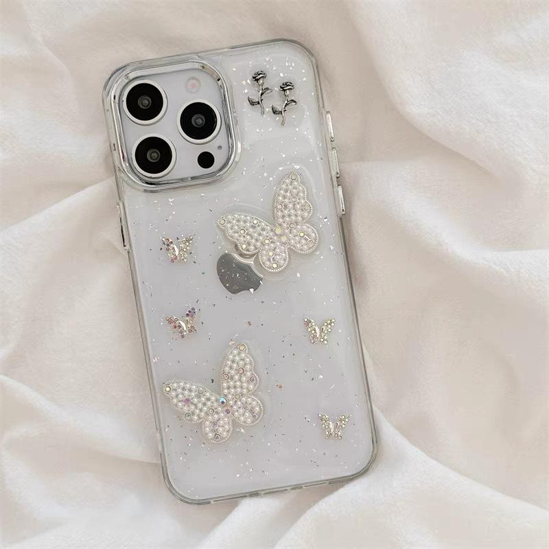 Applicable iPhone15promax mobile phone case Apple 16 premium pearl butterfly glitter 14plus protective case female