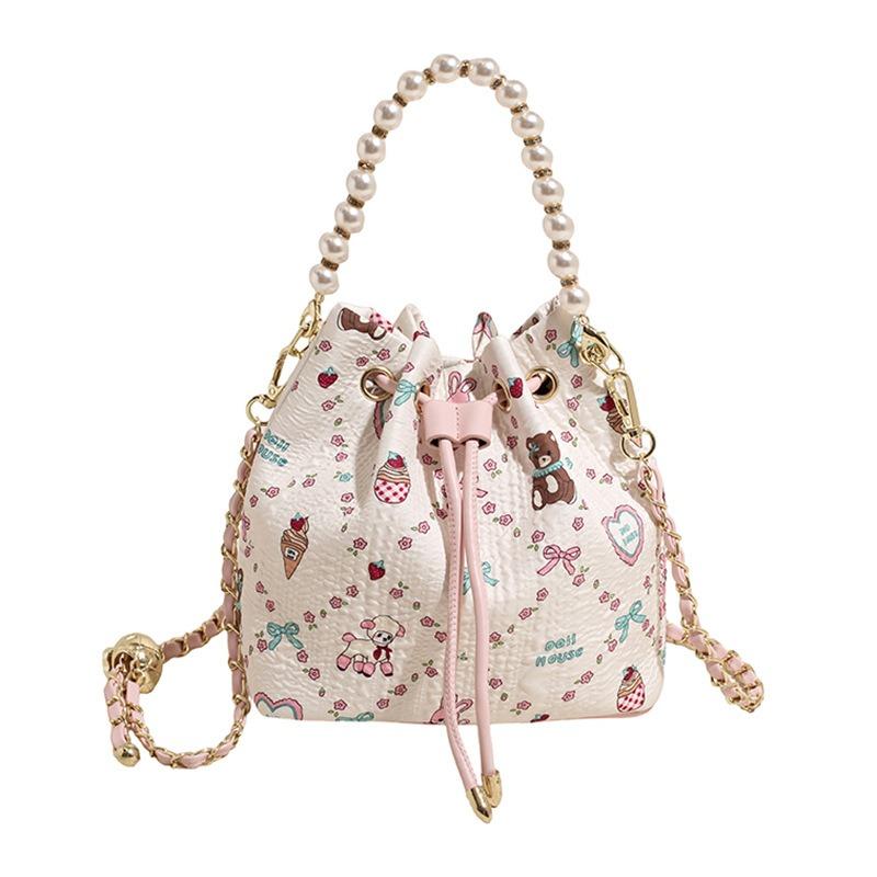 Bucket bag women's new summer pumping belt pearl temperament simple daily commuting portable messenger bag