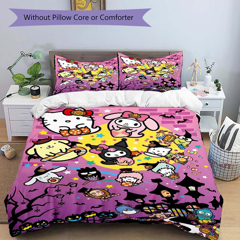 3pcs Halloween Sanrio Character Design Bedding Set 1 Soft Quilt Cover + 2 Pillowcases, Machine Washable Suitable for All Seasons, Perfect Gift W028
