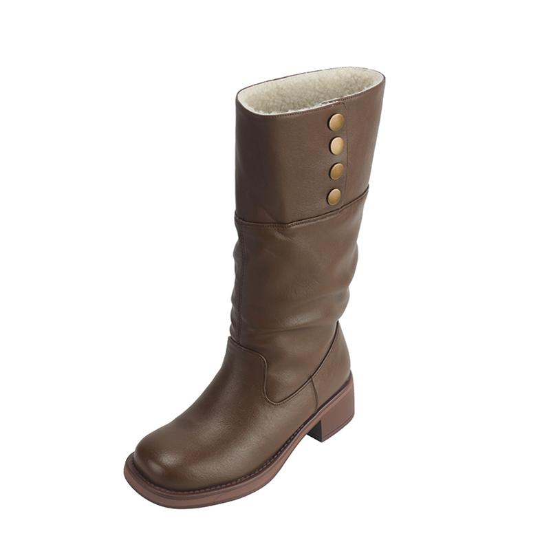 

Meotina/женские сапоги до середины икры из натуральной кожи, с круглым носком, на толстом среднем каблуке, на меху, с металлическими украшениями, женская модная обувь, зимняя коричневая обувь 40 34 коричневый