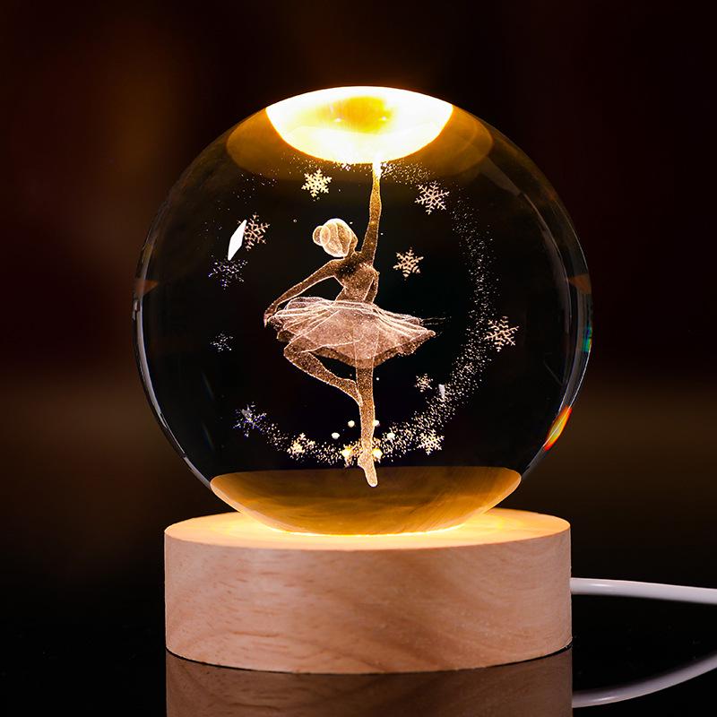 3D Starry Sky Crystal Ball Night Light with Solid Wood Base - Luminous Desktop Ornament & Birthday Gift