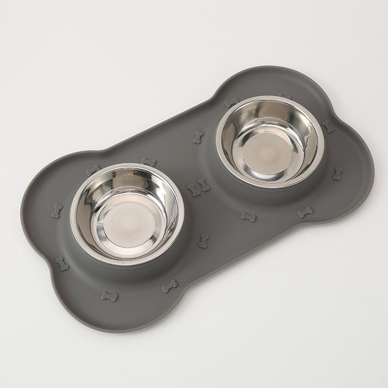 Bone-Shaped Non-Slip Silicone & Stainless Steel Dog Feeding Bowl - Food Grade, Anti-Spill Double Bowl for Pets