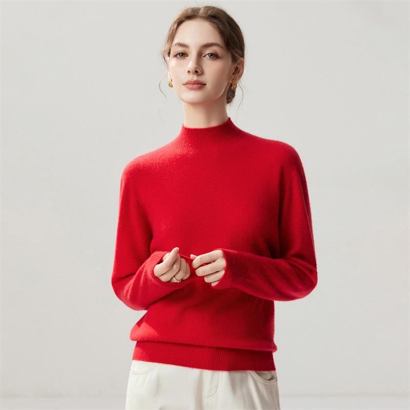 Lekasha Women's Cashmere Goat Wool Twelve-Needle Half-High Collar Sweater - Autumn/Winter Base Layer