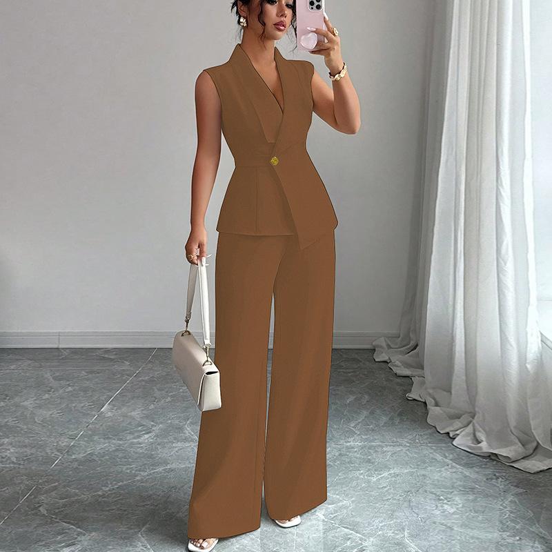 Womens Sleeveless V Neck Blouse Wide Leg Pants Set Solid Color Suit