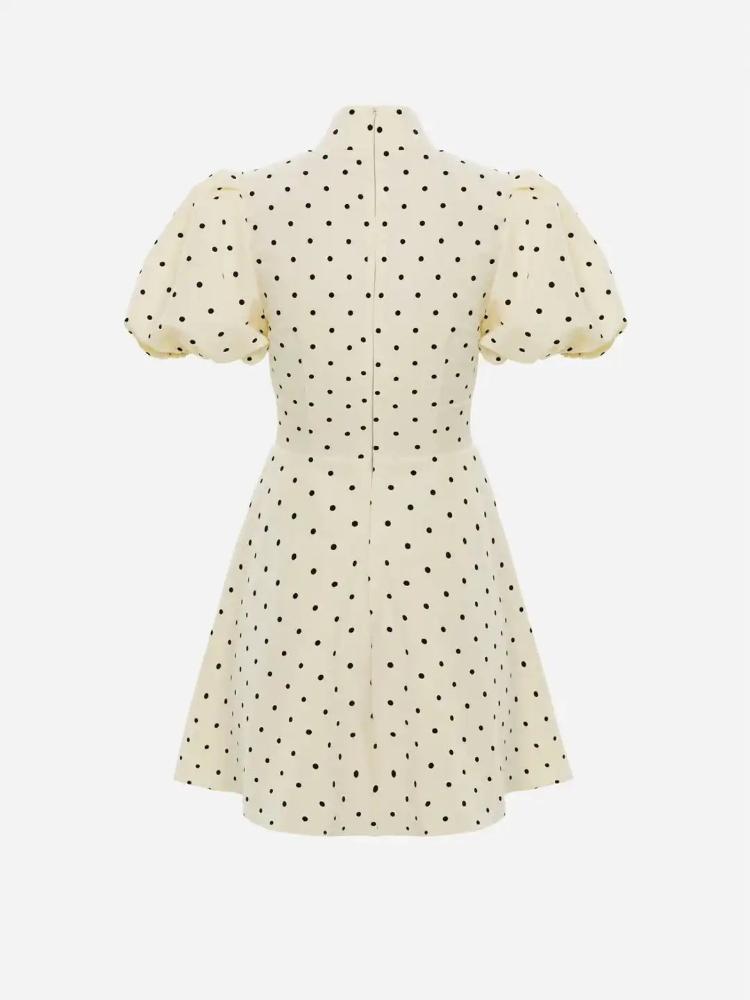 Retro Polka Dot Mini A-line Dress Women Elegant Stand Collar Puff Short Sleeve Waist-cinching Dresses Lady Party Robe 2026 New