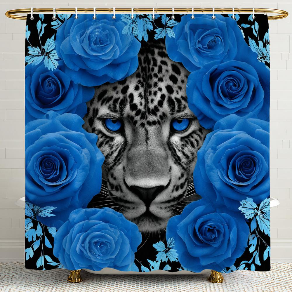 Cougar and Red,Blue Rose Shower Curtain, Animal pattern Bathroom Decorative Shower Curtain, Printed Shower Curtain with Hooks W90xH180cm