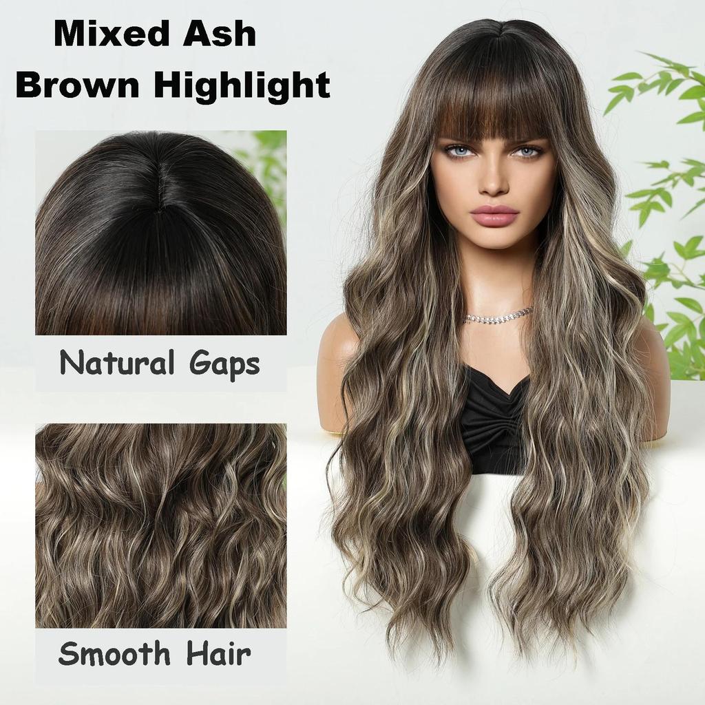 EASIHAIR Ash Brown Highlight Synthetic Wigs Long Wavy Wig With Bangs for Women Ombre Mixed Color Daily Use Wig Heat Resistant