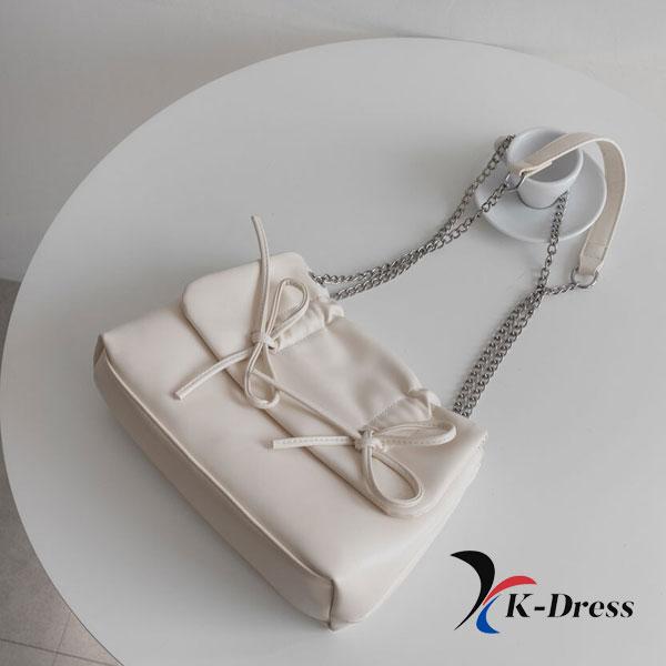Loving Ribbon Leather Chain Shirring Square Flap Crossbody Shoulder Bag (4 Colors)