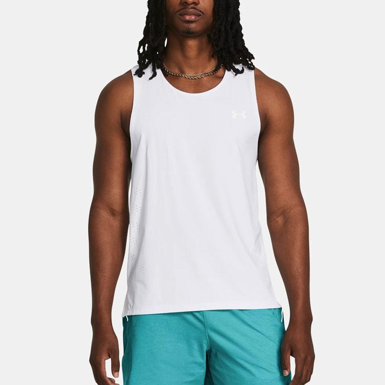 Under Armour UA Launch Elite Solid Logo Sweat-Wicking Cool Round Neck Sleeveless Tank Top Men Tops White 1382608-100
