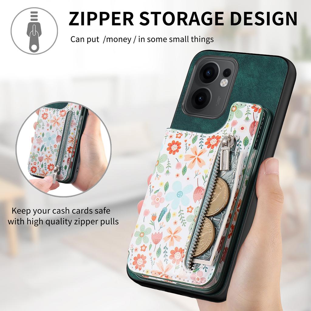 Für Oppo Reno13 F 5G Leder Handyhülle mit RFID-Blockierung Reißverschluss Kartenfach Ständer