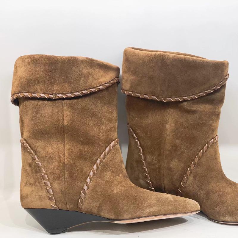 Sheepskin version~ niche wedge heel pointed flanged two wear pile boots short boots western cowboy boots women's medium boots
