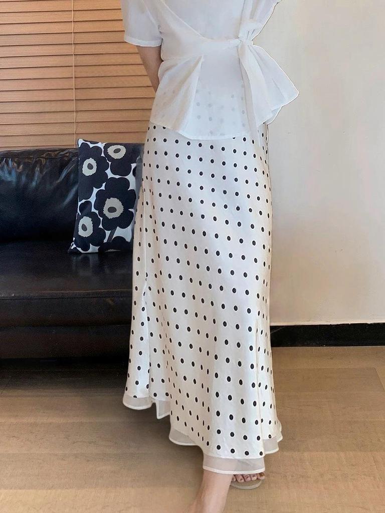 Polka Dot Satin Patchwork Midi Mermaid Skirt for Women - Spring/Summer 2026 Collection