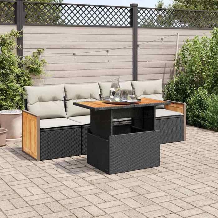 VidaXL Salon de jardin 5 pcs avec coussins noir résine tressée acacia 3327654