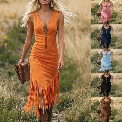 Vestido Indie Vintage Western Cowgirl Slim-Fit Sem Mangas com Franjas