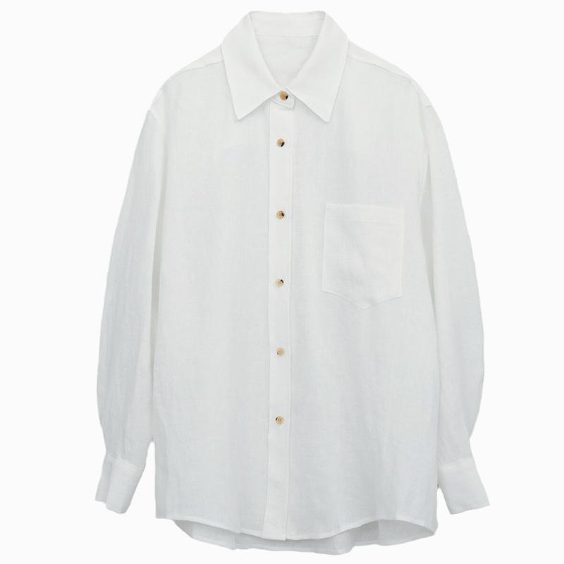 

Нишевый Дизайн Рубашка из Чистого Льна Простой Нишевый Ленивый Стиль Свободная Лацкан Солнцезащитная Рубашка Женская XS белый