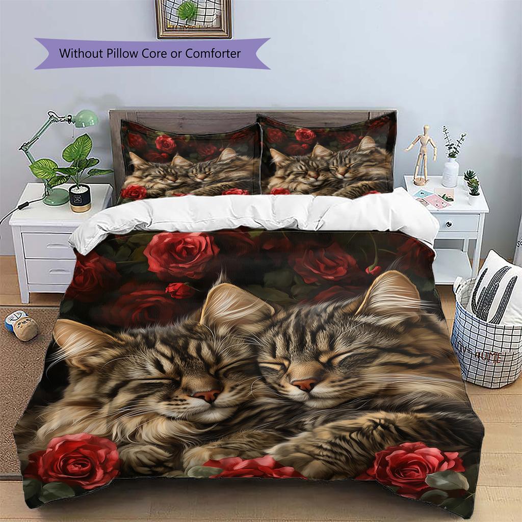 Maine Coon and Rose Pattern Bedding Home Decoration Birthday Gift (1 * duvet cover + 2 * pillowcase, without core)