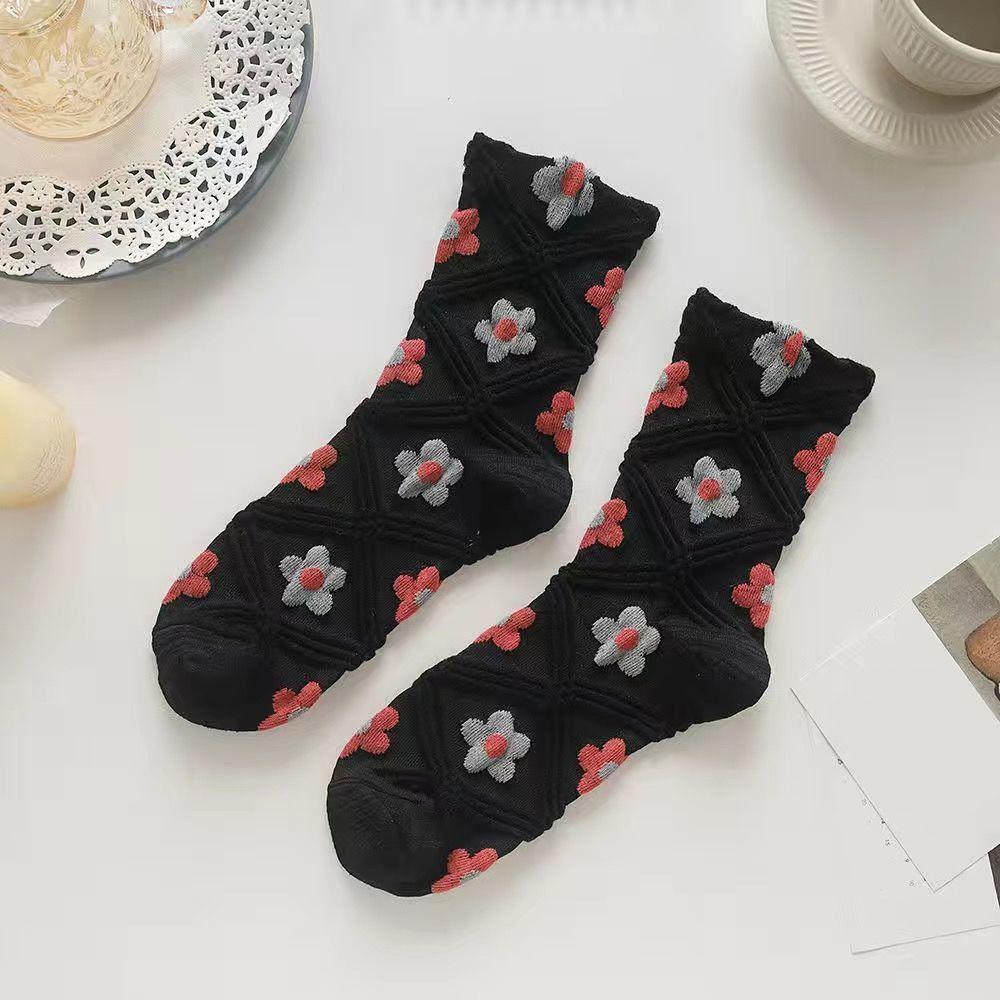 5Pairs Embroidery Women Cotton Socks Sweet Autumn Flower Socks Mid Tube Socks Girls  Autumn Winter