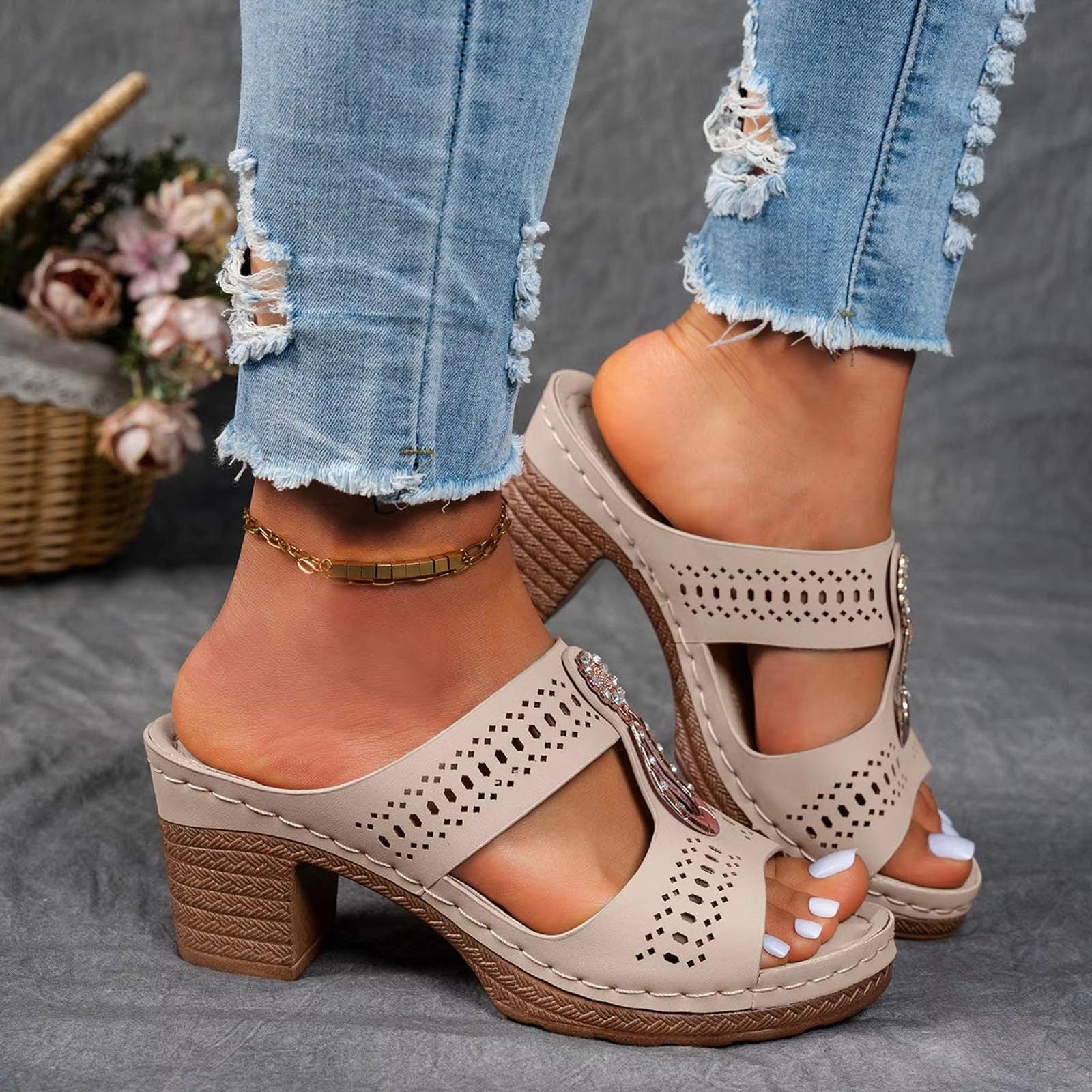 Women s Plus Size Chunky Heel Peep Toe Slides Summer One-Strap Sandals 38