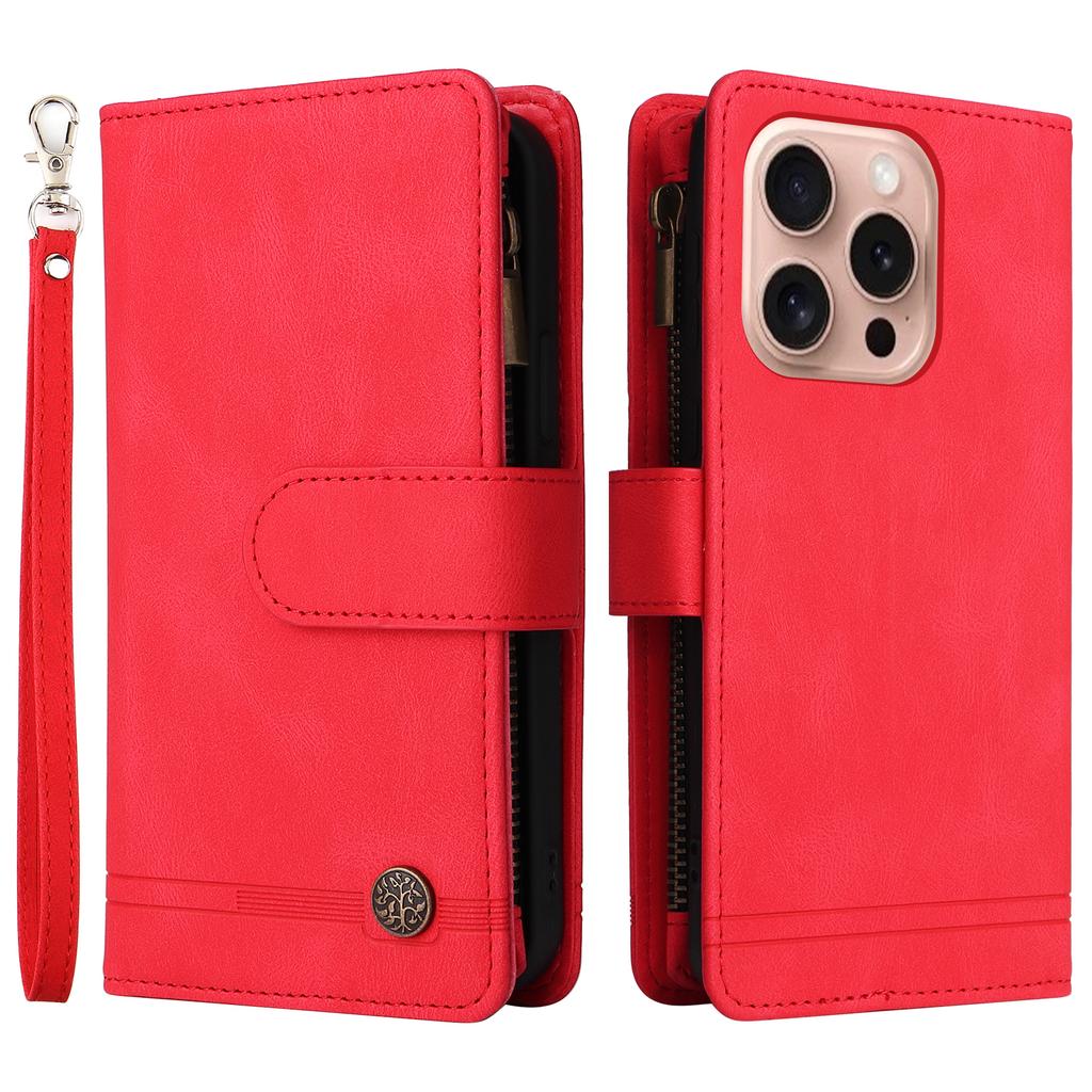 For iPhone 16 Pro Case Leather Folio Wallet Phone Cover with Stand Zipper Pocket