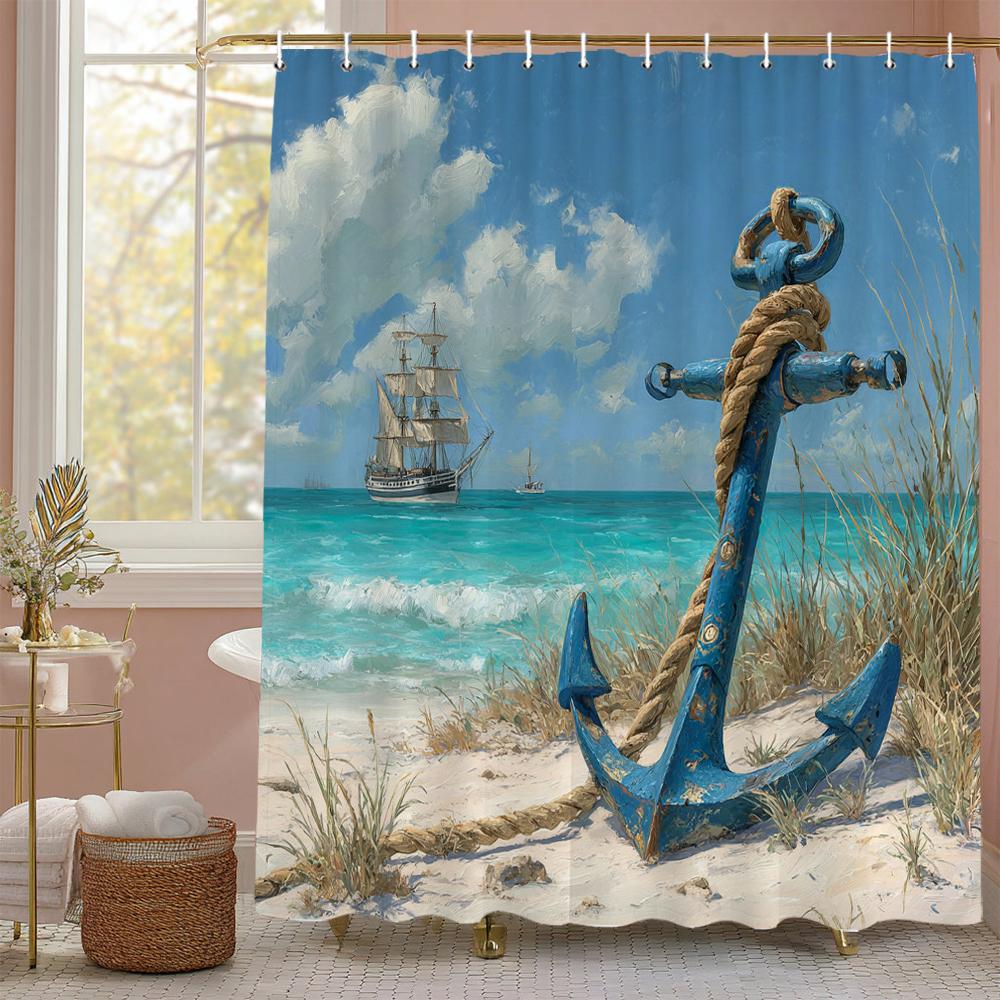 Blue Sea ocean beach scenery Theme Shower Curtain, Bathroom Decorative Shower Curtain, Print polyester Curtain with Hooks