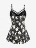 Rosegal Plus Size Rose Flower Print Lace Trim Crisscross Ruched Bowknot Camisole Set(Adjustable Shoulder Strap)