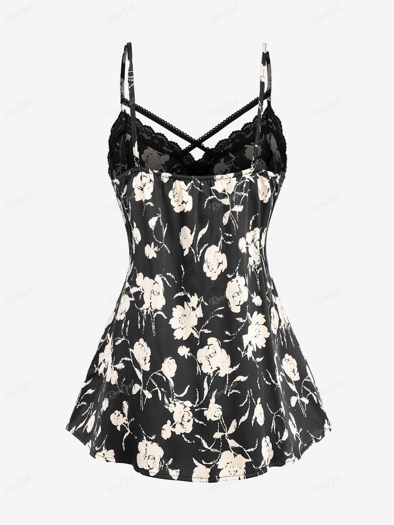 Rosegal Plus Size Rose Flower Print Lace Trim Crisscross Ruched Bowknot Camisole Set(Adjustable Shoulder Strap)