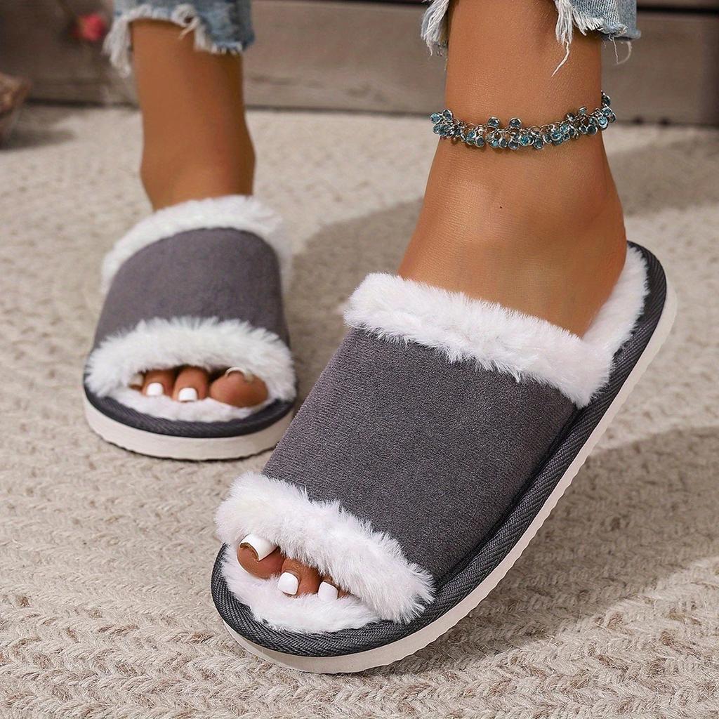 Fashion Woman Street Plush Fuzzy Open-Toe Slippers For Season Fashion Faux Fur Slides Women's Indoor Outdoor Memory Foam Soft Flat Shoes