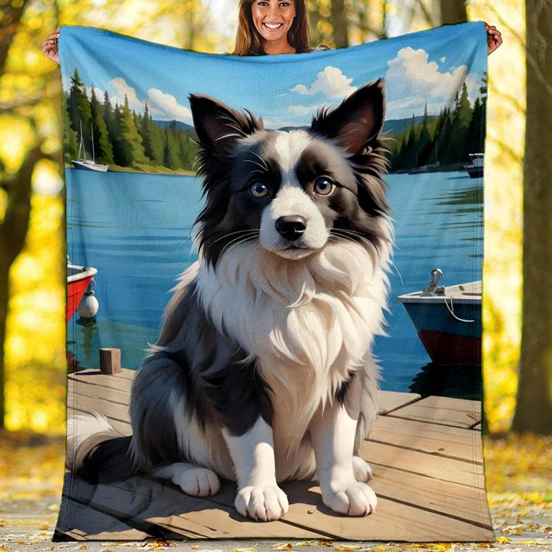 Cute Border Collie Puppy Lake Dock Blanket, Fluffy Dog Flannel Throw Blanket for Pet Lover Home Decor 80cm x 120cm