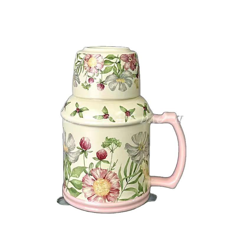 Retro Original Design Xiangyang Flower Blooming Kettle Cup Set, Afternoon Tea Ceramic Cup, High-End Sense, Large-Capacity Teacup With Lid