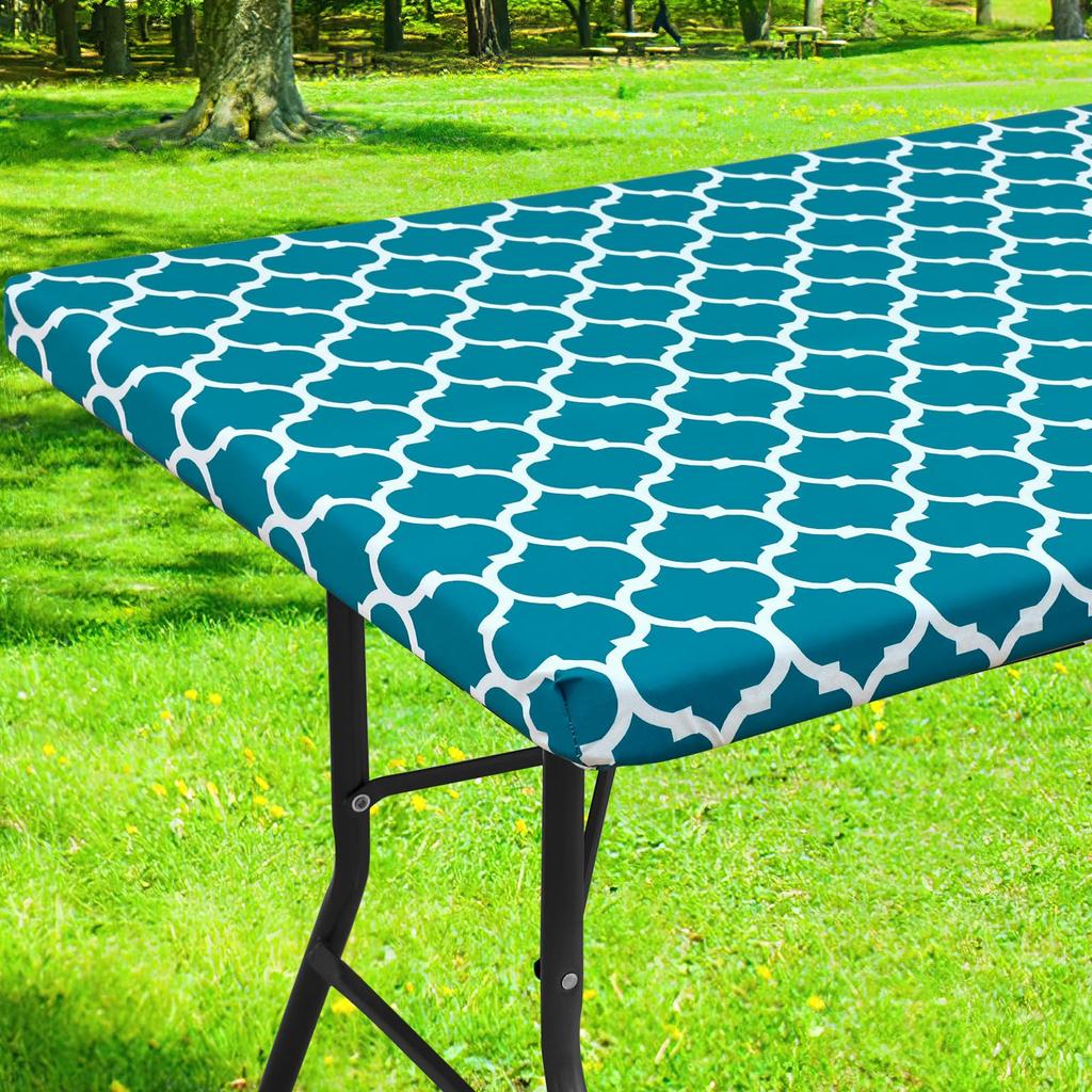 Olanly Rectangle and Round Table Cloth Waterproof Elastic Fitted Table Covers Wipeable Tablecloth Camping for Indoor Outdoor