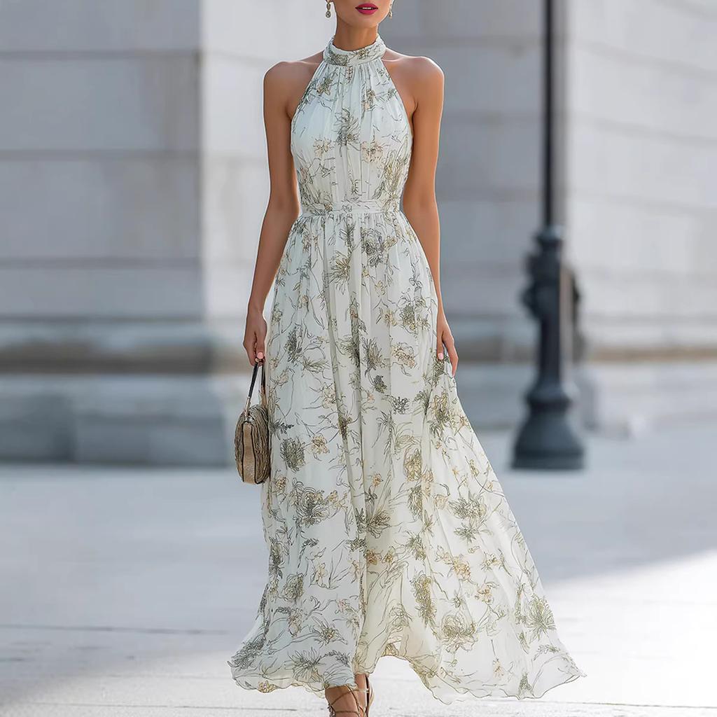 Women Sleeveless High Neck Bodycon Maxi Dress Floral Print Flowy Hem