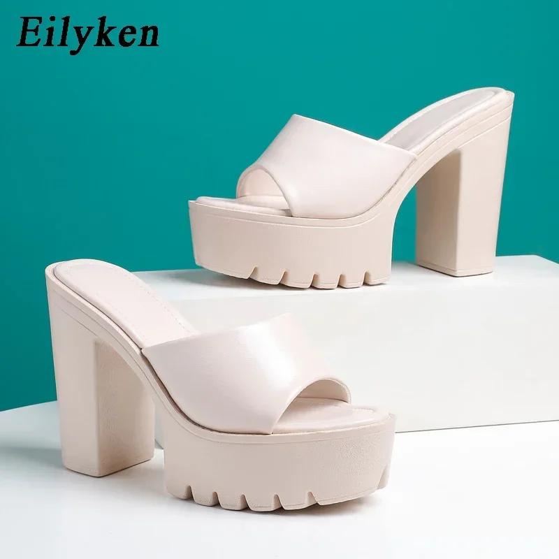 Fashion Eilyken Summer Fashion Women's Slippers Banquet Nightclub Platform Chunky High Heels Slide Mule Shoes Green White Sandals