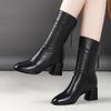 New Women'S Chunky-Heeled Mid-Calf Boots with Back Zipper in Black, Featuring Warm Lining And a British Style for The Autumn And Winter of 2025