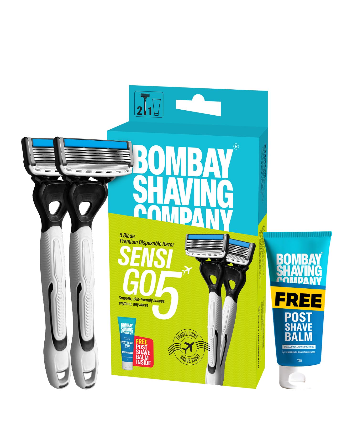 Bombay Shaving Company Sensi Go5 Премиальная одноразовая бритва с 5 лезвиями и бесплатным бальзамом после бритья | Упаковка 2 шт. | Бритва для мужчин | Удобная для путешествий,