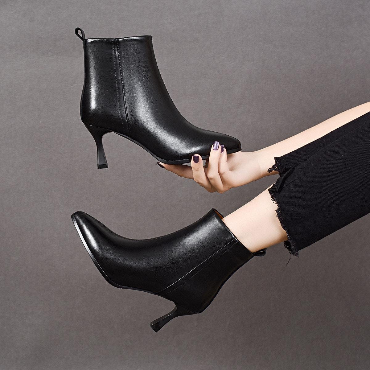 Остроносые короткие ботинки женские 2025 британский стиль простой темперамент тонкие на высоком каблуке женские ботинки модные ботинки кожаные ботинки бархатные и тонкие до щиколотки 34 7529₽