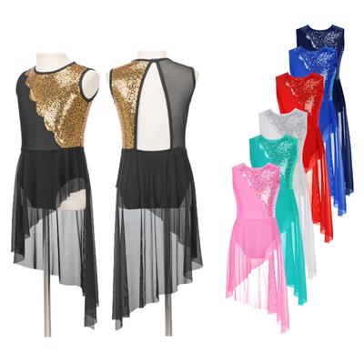 Girls Lyrical Dance Costumes Sleeveless Shiny Sequins Irregular Hem Dress Morden Contemporary