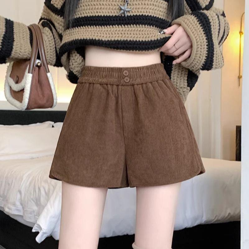 

Женские вельветовые шорты А-силуэта с высокой посадкой - Осень/Зима, Утепленные, Широкие штанины, Повседневные, Универсальные, Клеш от колена, Стиль горячей девушки. Large кофейный