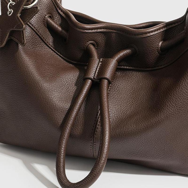 Women's Retro Drawstring Shoulder Bag Korean Style New Fashion Tote Bag Lychee-pattern Brand Handbag Large Simple Soft Cloud Bag