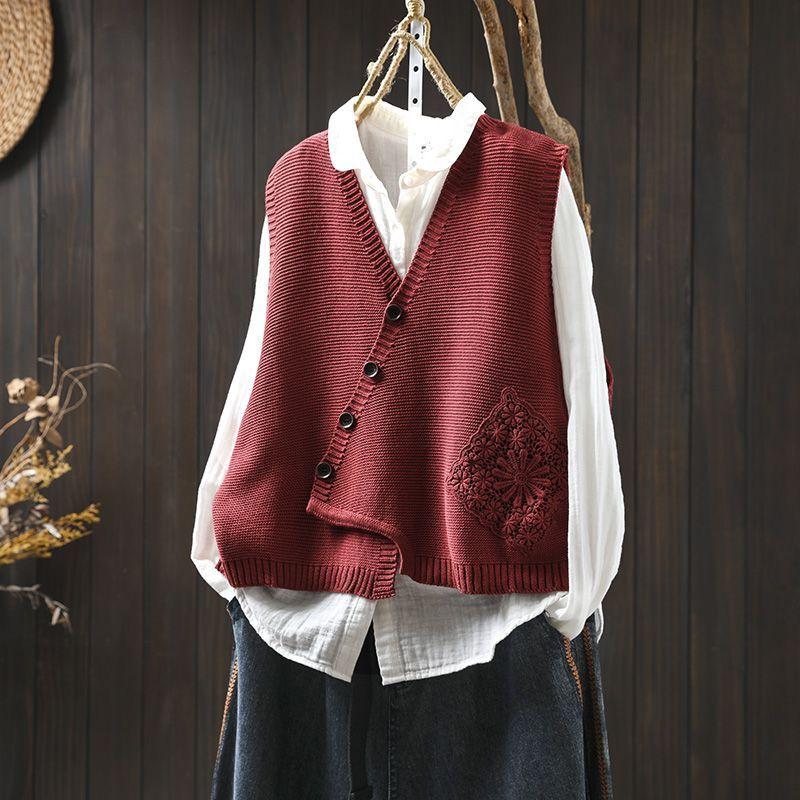 

Lace Applique V Neck Cotton Knit Vest Womens Loose Fit Layering Cardigan Autumn Winter Fashion Oversized Sleeveless Top One Size червоний