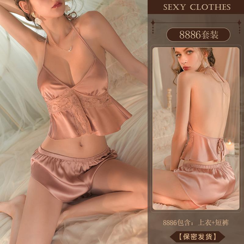 Original Erotic Lingerie, Sexy Deep V Lace Seductive Split Pajamas, Hot and Beautiful Back Uniform Set 8886