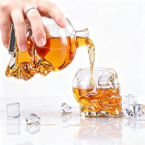 Karafka na whiskey ve tvaru lebky, 3D skleněná láhev na alkohol se zátkou, Novinkový dávkovač vína pro domácí bar, Jedinečný gotický dárek pro muže