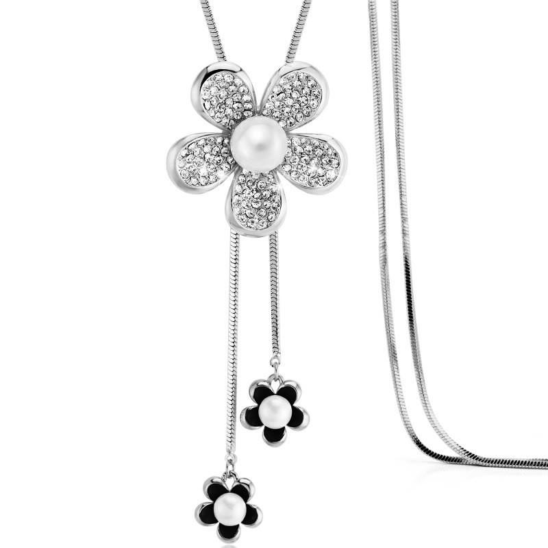 Korean Long Feminine Necklace With Eyecatching Flower And Pearl Pendant Design