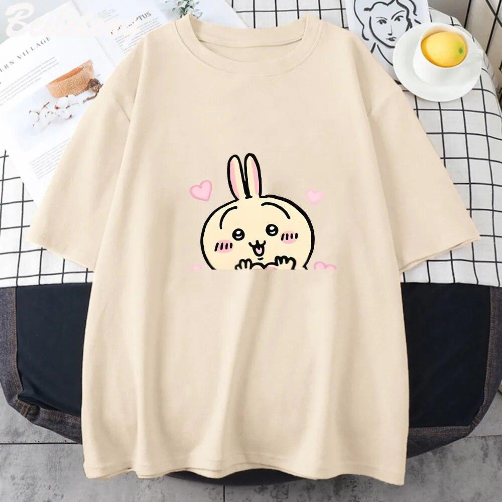 Chiikawa Cat T-Shirt, lässig, Unisex/Damen, Kawaii-Cartoon-Druck, 100 % Baumwolle, Harajuku-Oberteil, Sommer, Vintage, kurzärmeliges T-Shirt, Unisex-T-Shirt