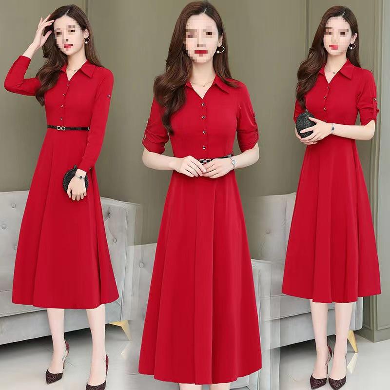 Women's Spring Solid Color Polo Neck Dress - Waist-Cinched, Elegant Style, Plus Size, Long Sleeve, Mid-Length, A-line Skirt.