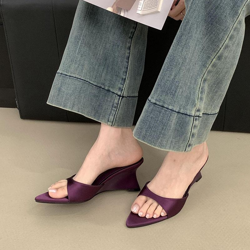Fashion Fashion Pointed Toe Women Wedges Heeled Sandals Slides Footwear Shallow Ladies Heeled Wedges Sandals Slippers Shoes Female Pumps