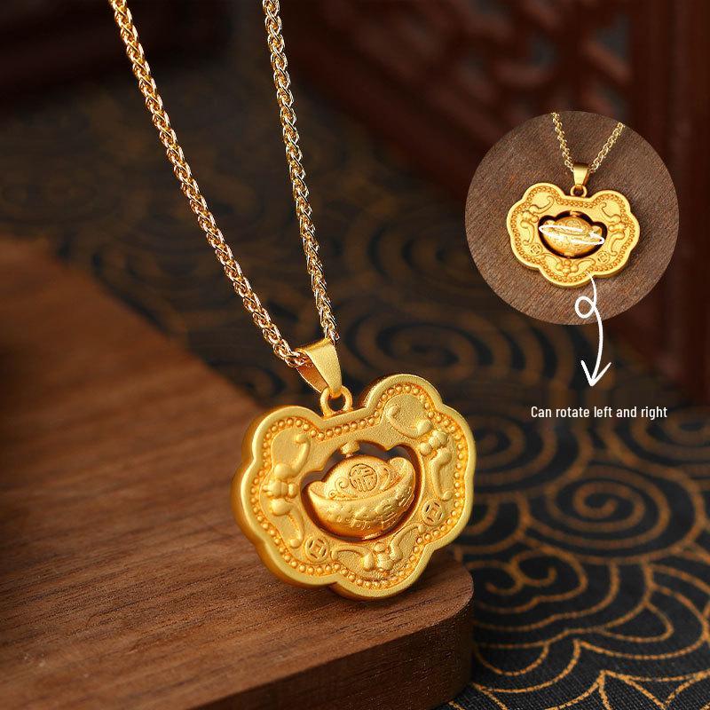 Elegant Gold Ingot Peace Lock Necklace for Women – Luxe Chinese Palace Style with Strong Color Retention