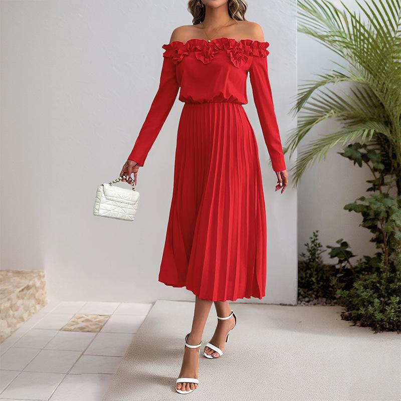 

Женская мода весна осень однотонный принт длинный рукав одно плечо высокая талия повседневные платья S красный