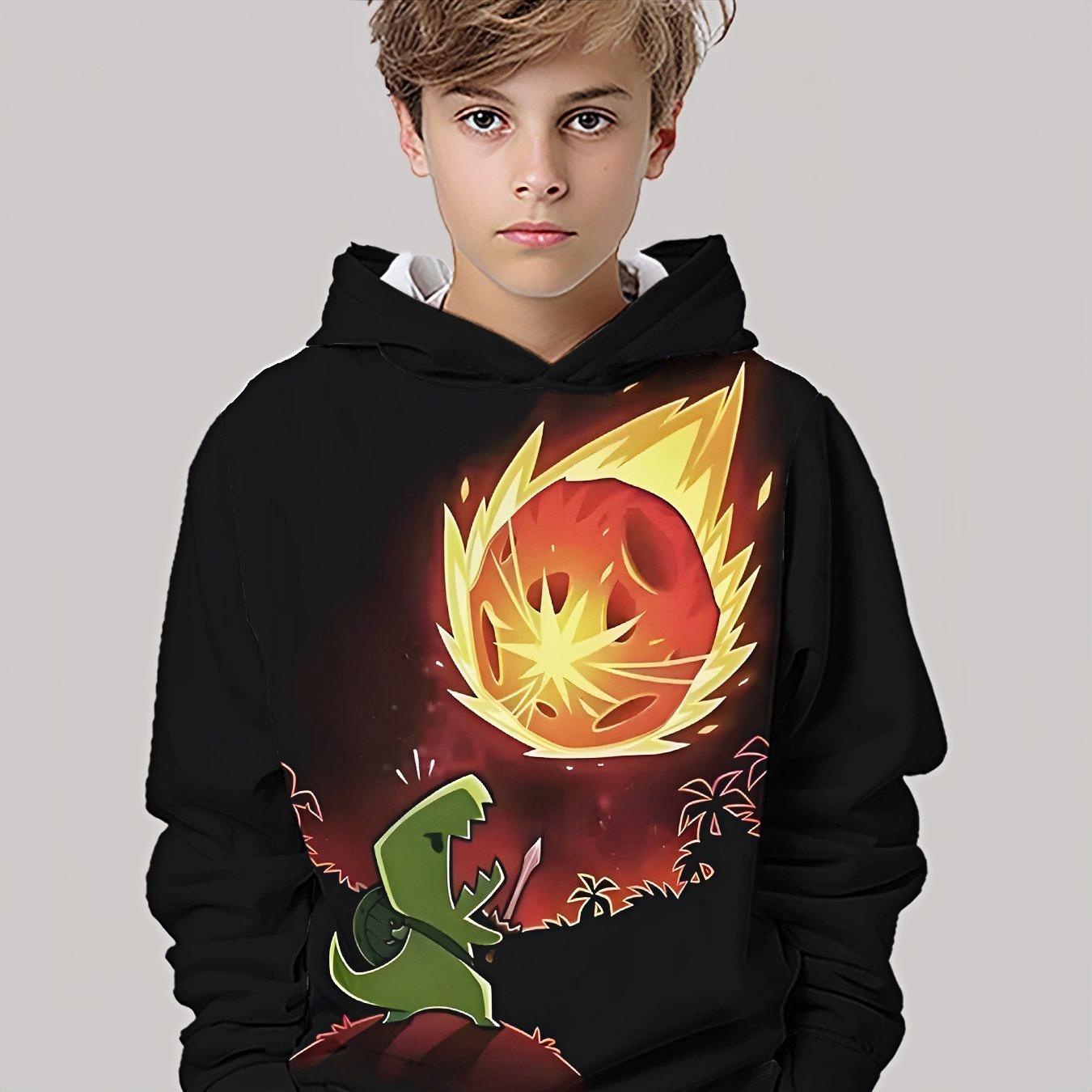 

Худи с 3D цифровой печатью «Вызов динозавра», элемент «Пламя метеорита», модная и трендовая повседневная детская одежда, идеальный подарок 13-14Y