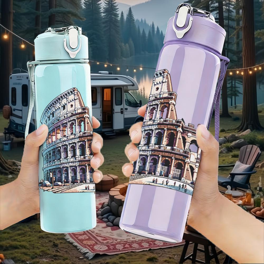1 Stück Rom Kolosseum Vintage Architektur Druck 750ml Tragbare Sportwasserflasche Auslaufsicher Reise Fitnessstudio Trinkbecher
